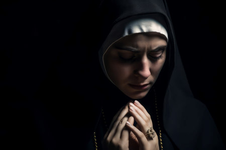 Mysterious nun portrait on dark background. Spiritual enigmatic praying sacred sister. Generate aiの素材