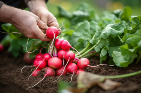 Picking up fresh radish garden crops. Ripe vegetables natural organic harvest. Generate aiの素材