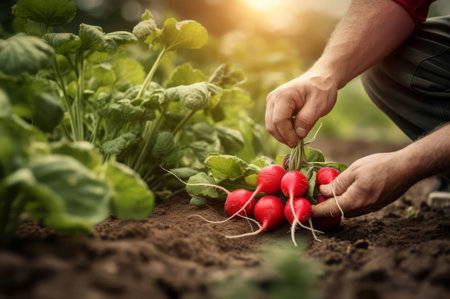Picking up fresh radish garden harvest. Summer greenery vitamin farmland crops. Generate aiの素材