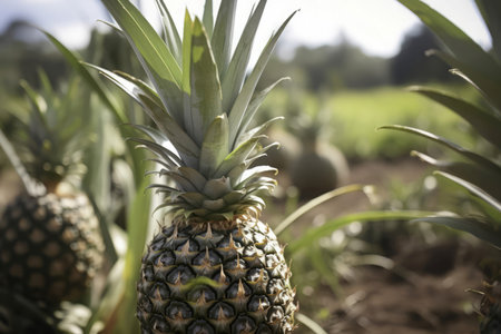 Pineapple growth plantation. Exotic sweet organic fruits orchard. Generate aiの素材