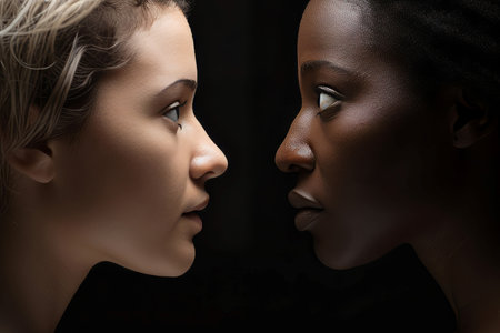 Side view of black and white woman gazing to each other. Female profile portrait eye contact moment. Generate aiの素材