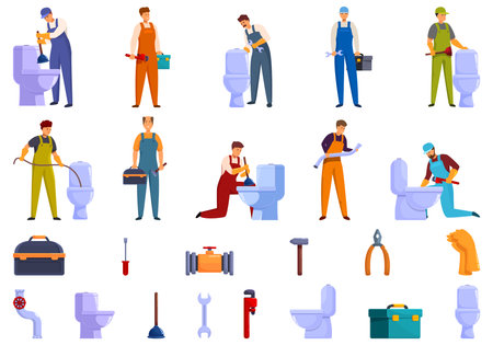 Plumber worker repair toilet icons set cartoon vector. Escape fixing. Service sewageのイラスト素材