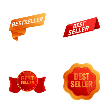 Best seller icons set cartoon vector. Red sticker with inscription bestseller. Quality markのイラスト素材
