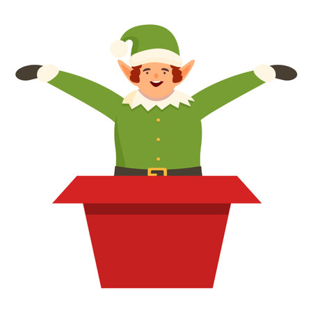 Elf exit from gift box icon cartoon vector. Christmas surprise. Magic gift winterのイラスト素材