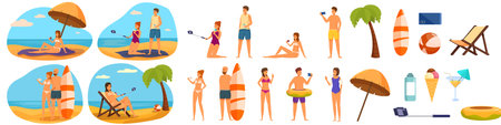 Selfie summer beach icons set cartoon vector. Smartphone mobile. Vacation swimsuitのイラスト素材
