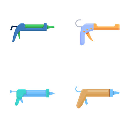 Silicone gun icons set cartoon vector. Metal silicone caulk gun. Construction and repair equipmentのイラスト素材