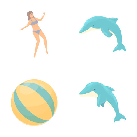 Sea swimming icons set cartoon vector. Active people swim with dolphin. Summer restのイラスト素材