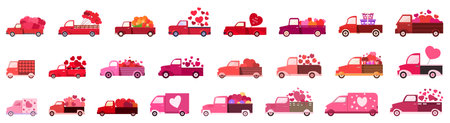 Valentine truck icons set cartoon vector. Pink heart day. Delivery car giftsのイラスト素材