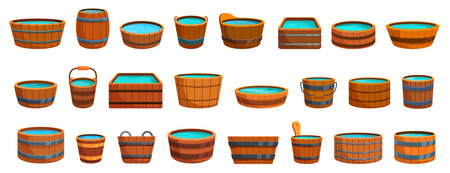 Wooden baths icons set cartoon vector. Interior bathroom. Care spa tubのイラスト素材