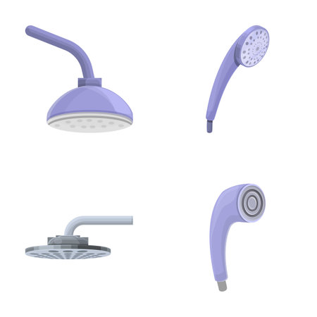 Metal shower icons set cartoon vector. Various chrome bath and shower head. Equipment for douche and bathのイラスト素材