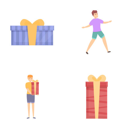 Birthday icons set cartoon vector. Men at birthday party with gift. Holiday, eventのイラスト素材