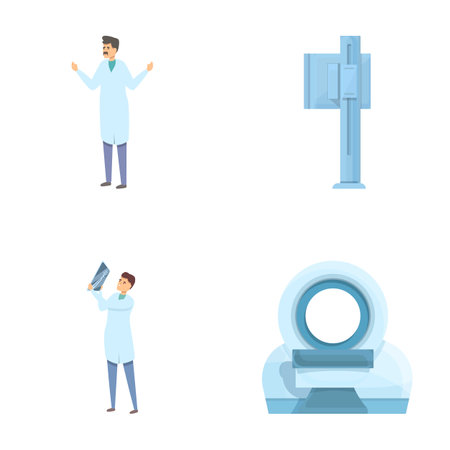 Xray diagnostic icons set cartoon vector. Doctor examine human body xray image. Fluorography, tomographyのイラスト素材