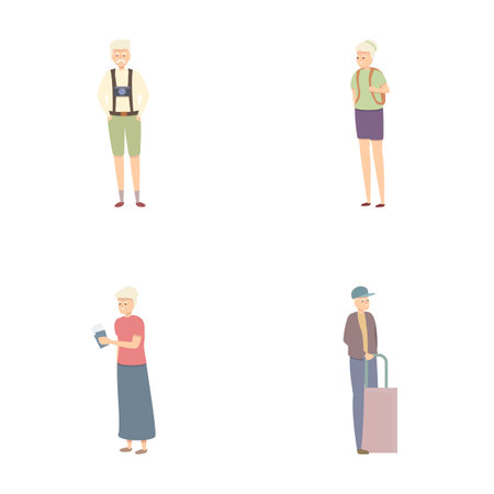 Retirement travel icons set cartoon vector. Old people active healthy lifestyle. Hobby, pastimeのイラスト素材