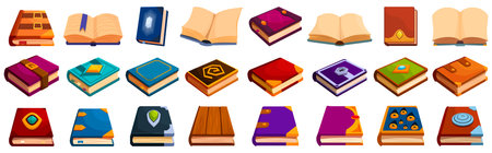 Fantasy paper book icons set cartoon vector. Hard cover. Magic gemsのイラスト素材