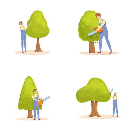 Tree trimming icons set cartoon vector. Male gardener with different equipment. Garden serviceのイラスト素材
