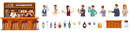 Bartender making cocktail icons set cartoon vector. Pub counter. Indoor shakerのイラスト素材