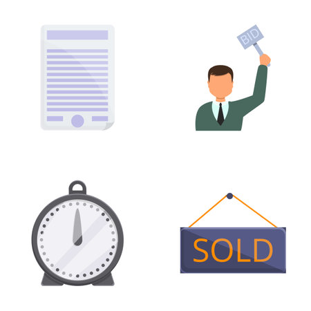 Auction process icons set cartoon vector. Buying and selling lot at auction. Public sale, biddingのイラスト素材