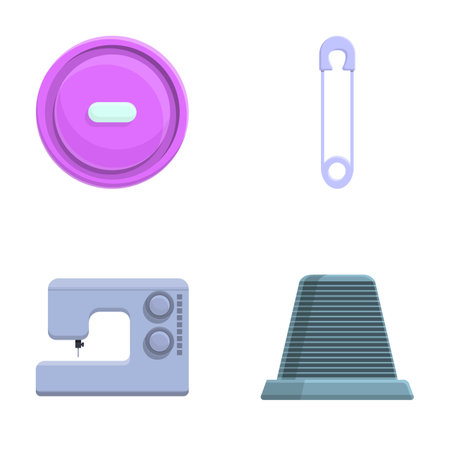 Needlework icons set cartoon vector. Sewing machine, pin, thimble and button. Dressmaking, tailor shopのイラスト素材