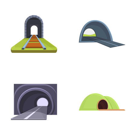 Road tunnel icons set cartoon vector. Interior of walkway tunnel road. Infrastructure conceptのイラスト素材