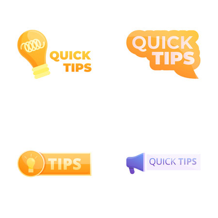 Tips icons set cartoon vector. Quick tips badge, emblem, label and sticker. Helpful advice, solutionのイラスト素材