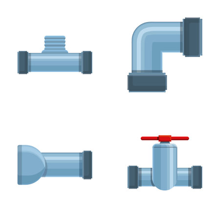 Water pipe icons set cartoon vector. Pipeline part, valve and plumbing. Construction and industrial technologyのイラスト素材