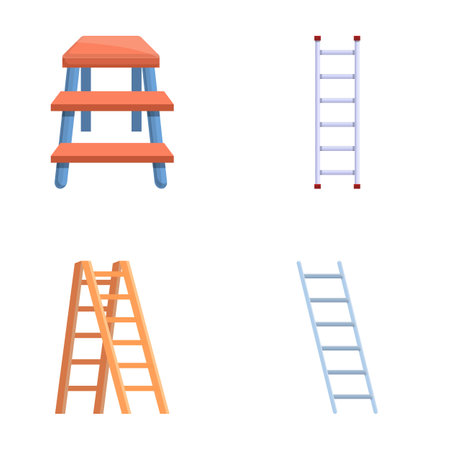 Stepladder icons set cartoon vector. Various type of metal and wooden ladder. Construction and repair equipmentのイラスト素材
