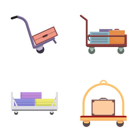 Bag trolley icons set cartoon vector. Various travel suitcase on cart. Travel baggageのイラスト素材