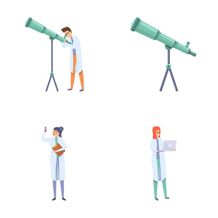Scientific observation icons set cartoon vector. Scientist making research. Technology, science, educationのイラスト素材