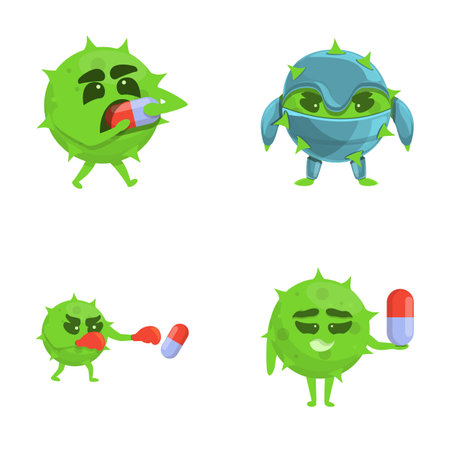 Drug resistance icons set cartoon vector. Bacteria or virus defeating drug. Threat of weak immunityのイラスト素材