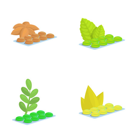 Throat lozenge icons set cartoon vector. Package of lozenge with various flavor. Medication, pharmaceuticalsのイラスト素材