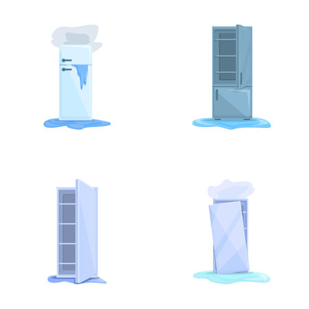 Broken refrigerator icons set cartoon vector. Damaged fridge with water flowing. Home appliance, repair serviceのイラスト素材