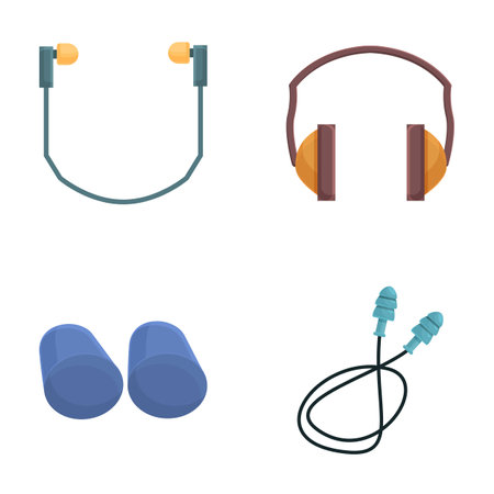 Earplug icons set cartoon vector. Various protective ear muffs. Professional equipmentのイラスト素材