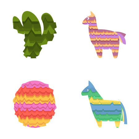 Bright pinata icons set cartoon vector. Mexican pinata for party game. Birthday traditional toyのイラスト素材