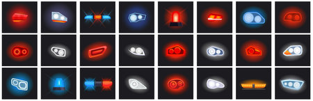 Glow car headlight beams icons set cartoon vector. Flare siren. Vehicle headlampのイラスト素材
