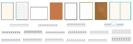 Sketchbook bindings rings icons set cartoon vector. Metal coils. Planner coverのイラスト素材