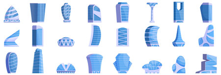Futuristic metropolis architecture icons set cartoon vector. Future shape. Tower cityのイラスト素材