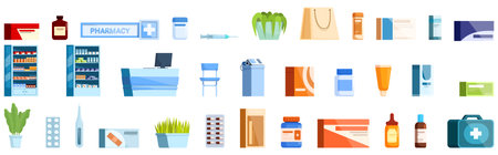 Drugstore interior icons set cartoon vector. Medical nutrition. Health care vitaminのイラスト素材
