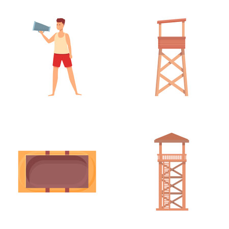 Beach lifeguard icons set cartoon vector. Lifeguard man character doing his job. Water vacation safetyのイラスト素材