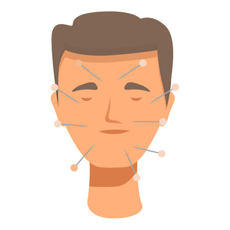 Vector graphic of a man face undergoing acupuncture, highlighting facial pointsのイラスト素材