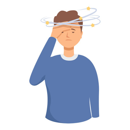 Illustration of a dizzy man experiencing discomfort and imbalance due to vertigo and inner ear motion sickness, depicted in a simple flat design cartoon vector graphicのイラスト素材