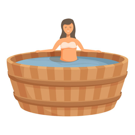 Serene illustration of a woman enjoying a soak in a rustic wooden hot tubのイラスト素材