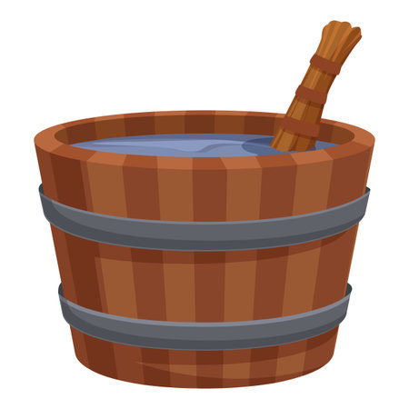 Illustrated image of a traditional wooden bucket filled with water, accompanied by a wooden dipperのイラスト素材