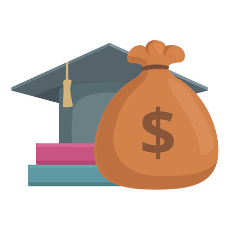 Illustration of the concept of education investment with graduation. Money bag. Tuition. Scholarship. Student loans. Financial aid. College costs. Savings. Academic funding. Budget. Cap and gownのイラスト素材