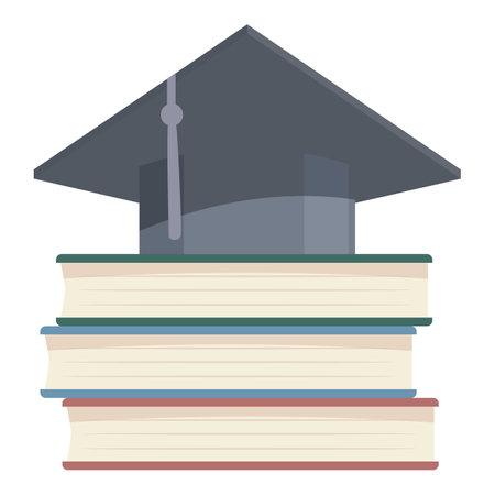 Flat design illustration of a mortarboard atop a colorful pile of books symbolizing education and achievementのイラスト素材