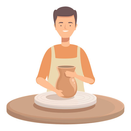 Illustrated man in apron shaping clay into a vase on a potters wheel, displaying craftsmanshipのイラスト素材