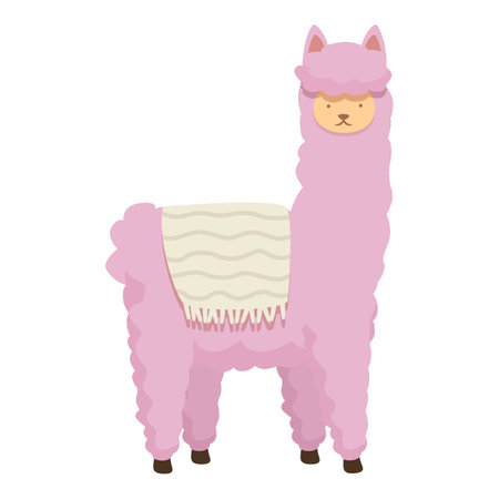 Adorable and playful cartoon llama standing on a cozy blanket cute animal illustration for childrens nursery art and textile pattern. Featuring a friendly pink character with a cheerful smileのイラスト素材