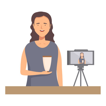 Smiling female presenter showcases a tall glass of latte, ideal for beverage promotionsのイラスト素材