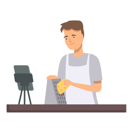 Young man prepares food by grating cheese, standing in a home kitchen with a focused lookのイラスト素材