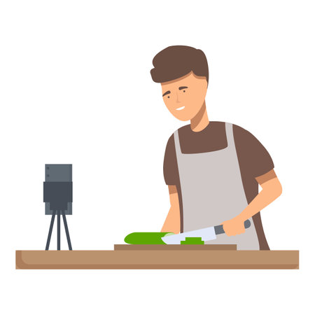 Young male vlogger preparing food while filming a howto cooking video for his online audienceのイラスト素材