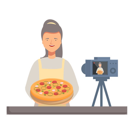 Female food blogger recording a video tutorial about making a delicious pizzaのイラスト素材